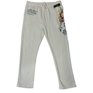 Ed Hardy Mens Flame Skull Sweatpants Y2K Ivory Size Small XX Large EHM8003-5
